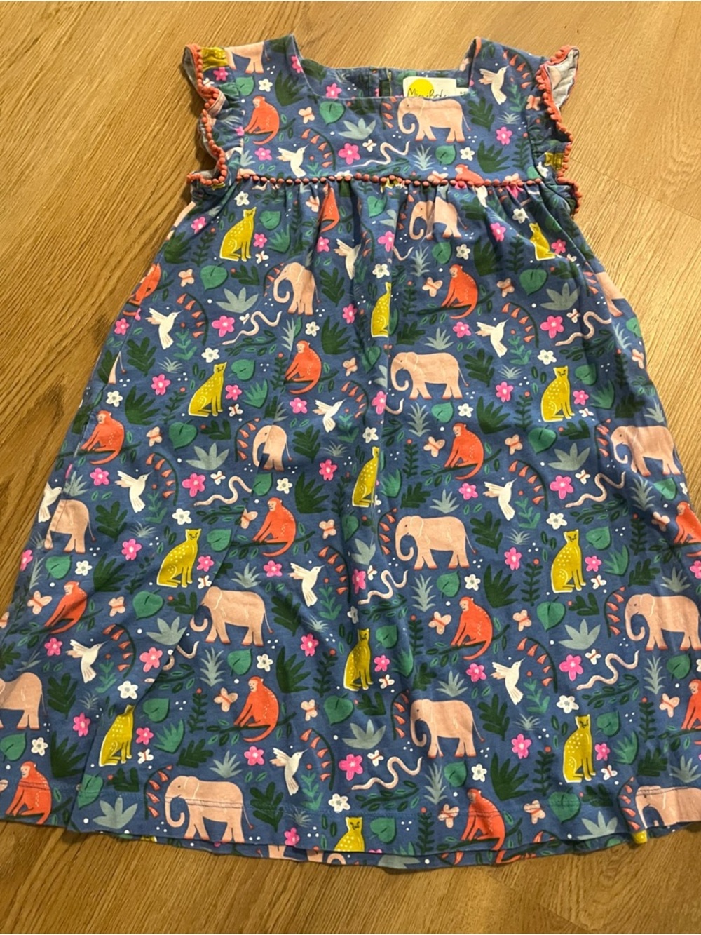 Mini Boden Blue Jungle Animal Print Dress with Coral Accents